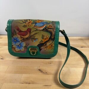 Anuschka Green Hand-Painted Bird Crossbody Bag